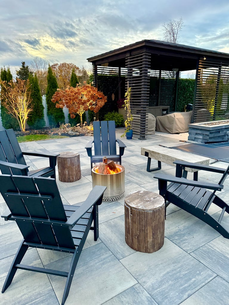 Outdoor patio with pool and firepit