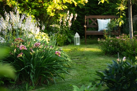 Garden bench with stone pathway