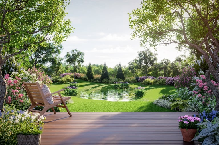 Luxury garden with wooden deck and pond