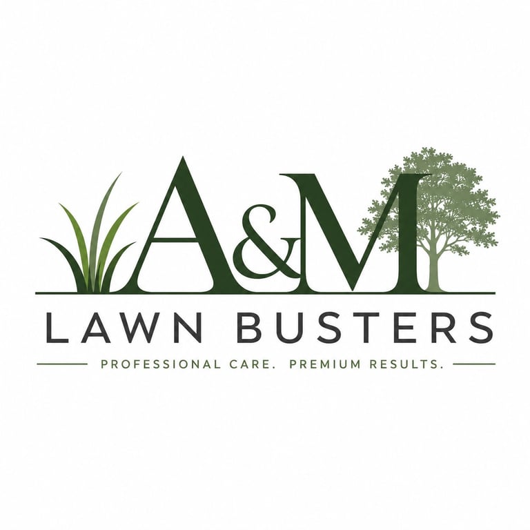 A&M Lawn Busters logo featuring stylized text with grass and tree graphics, tagline Professional Care. Premium Results.